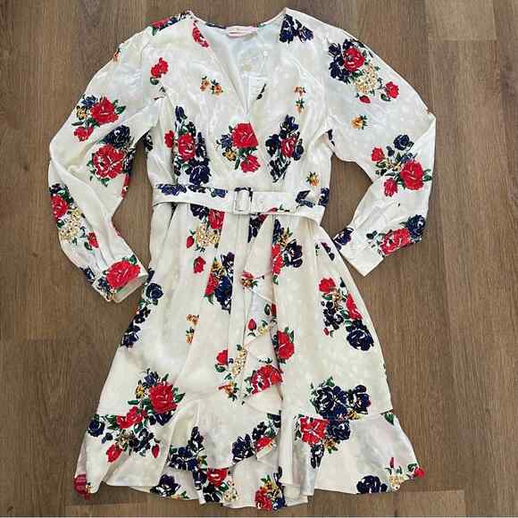 Tory Burch White Multicolor Ruffle Floral Printed Silk Wrap Dress Belted 10 NWT - Picture 1 of 8